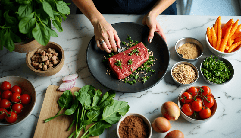 Woman preparing iron rich meal with spinach and lean meat