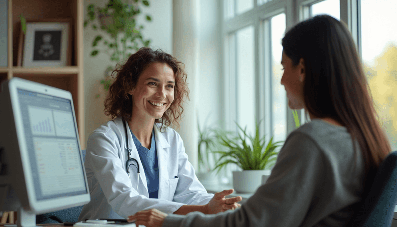 Women discussing health concerns with doctor in a comfortable medical office