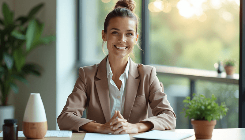 A woman practicing simple mindfulness exercises at her desk