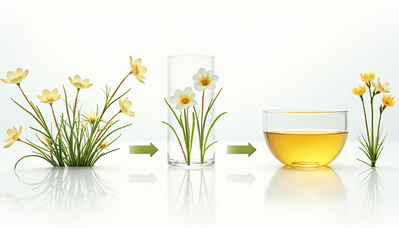 Illustration of evening primrose plant and oil extraction process