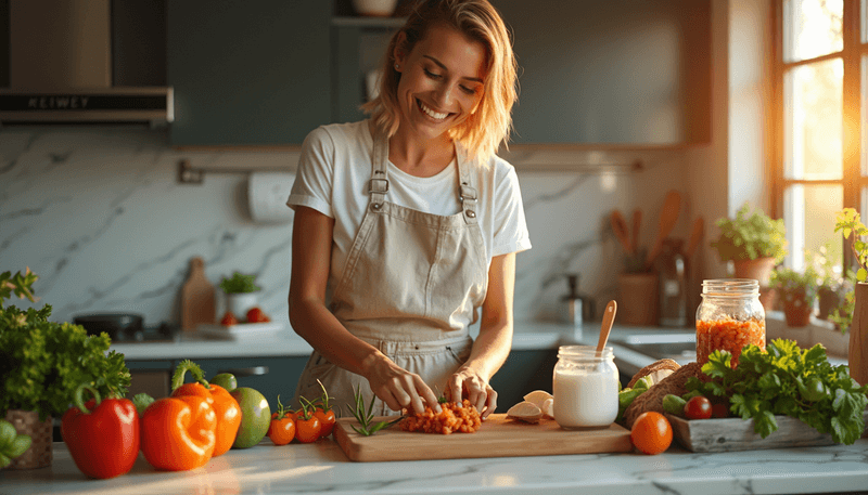 Woman preparing healthy probiotic-rich meal in kitchen