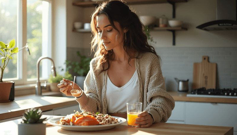 Woman taking CoQ10 supplement with healthy meal