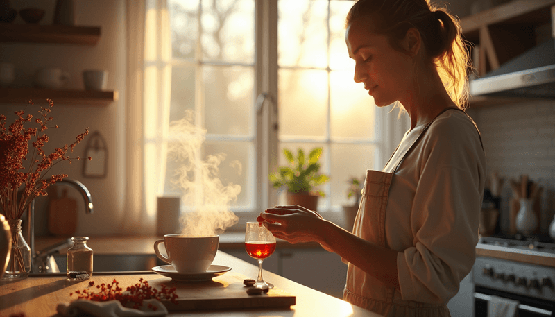 Woman preparing red clover tea in kitchen