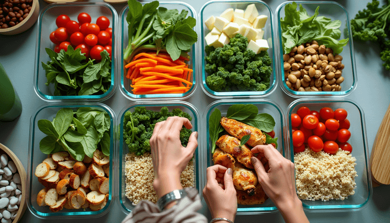 Woman preparing colorful healthy meal with various vegetables and grains