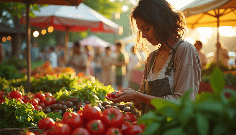 A woman choosing fresh vegetables and fruits at a farmers market