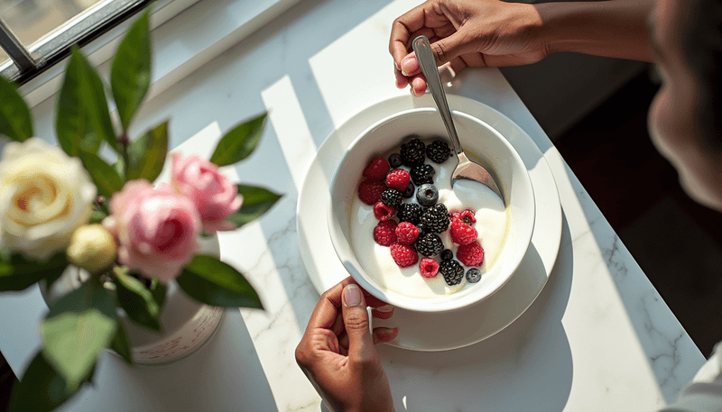 Woman enjoying healthy breakfast with berries