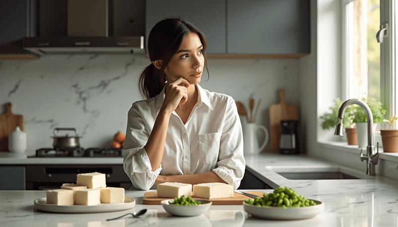 Woman examining various soy products in kitchen