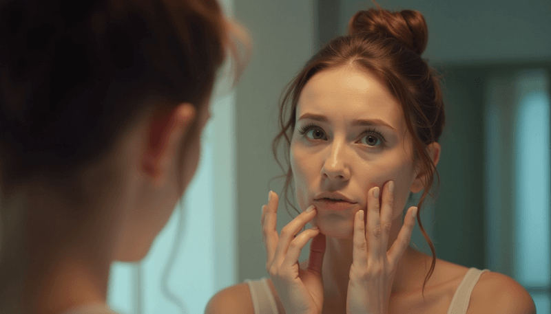 Woman examining her hair in mirror with concerned expression