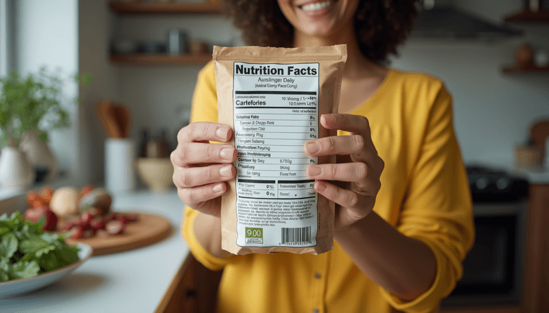 Woman reading food label focusing on soy ingredients