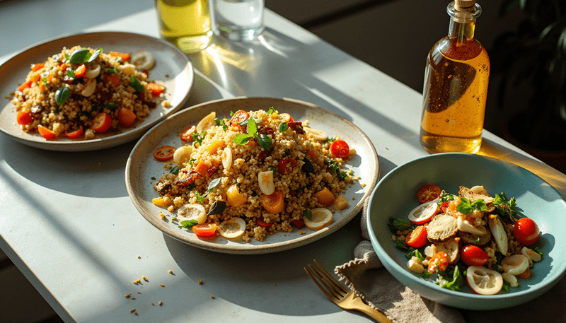 Colorful dishes prepared with sesame oil