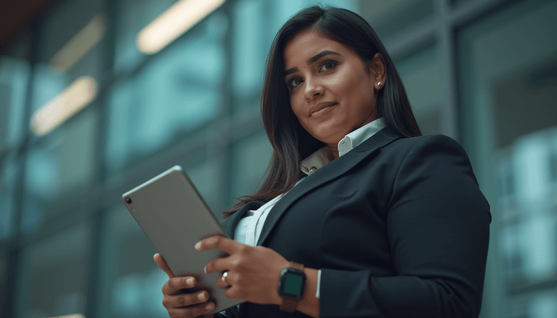 Forward looking woman using technology confidently