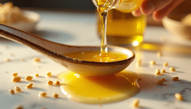 Golden sesame oil being poured into a spoon with sesame seeds scattered around