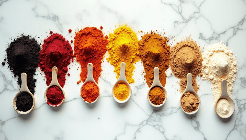 Various colors of maca root powders arranged in a rainbow pattern