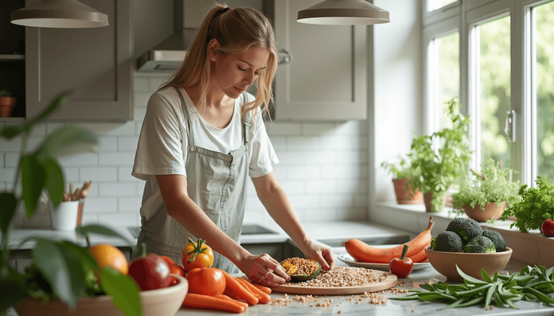 Woman preparing colorful plant-based meal in kitchen