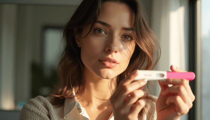 Woman looking hopeful while holding a pregnancy test