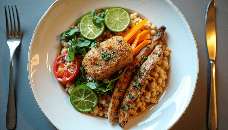 Colorful plate showing balanced meal portions