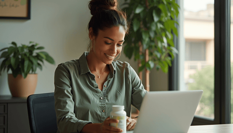 Woman holding sage supplement bottle while researching online