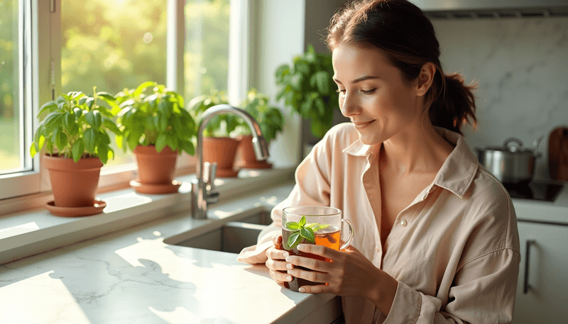 Woman enjoying basil tea in sunny kitchen