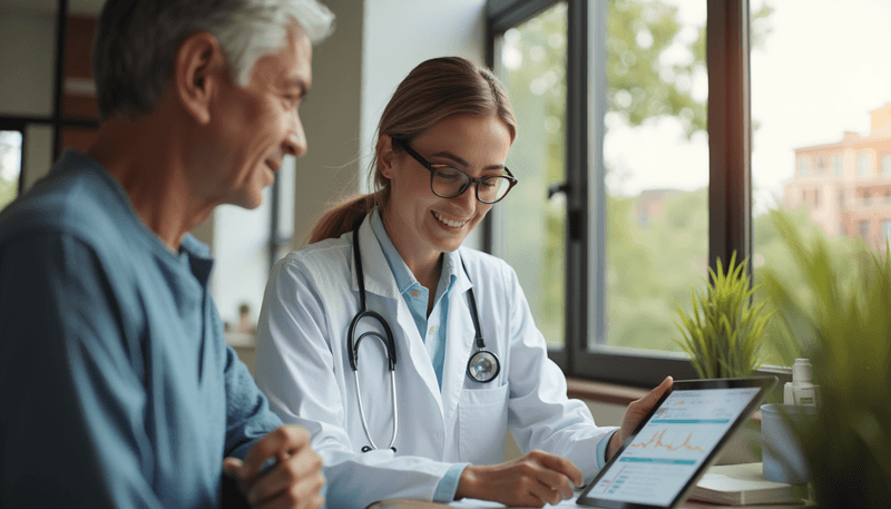 Woman reviewing health records with doctor