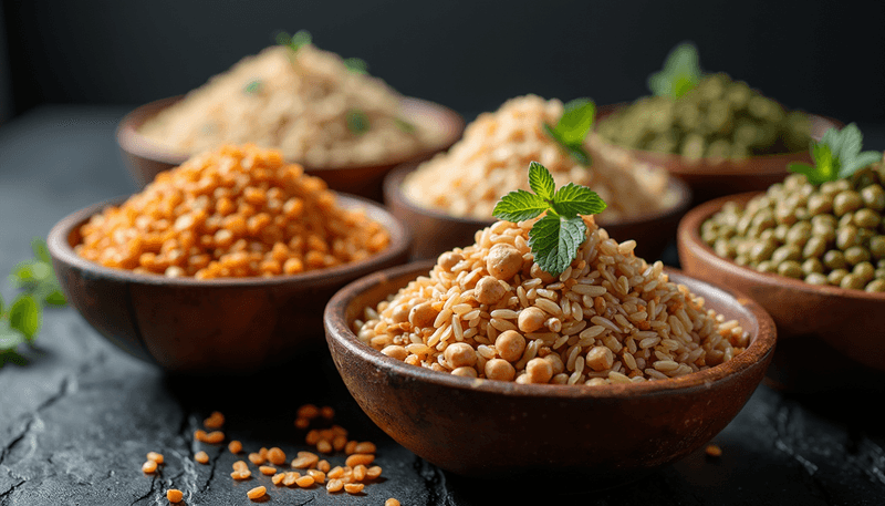 A variety of whole grain foods and legumes