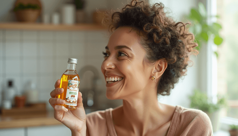 Woman smiling while holding a bottle of almond oil