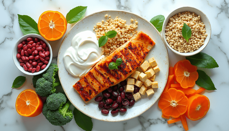 Various protein rich foods arranged on table