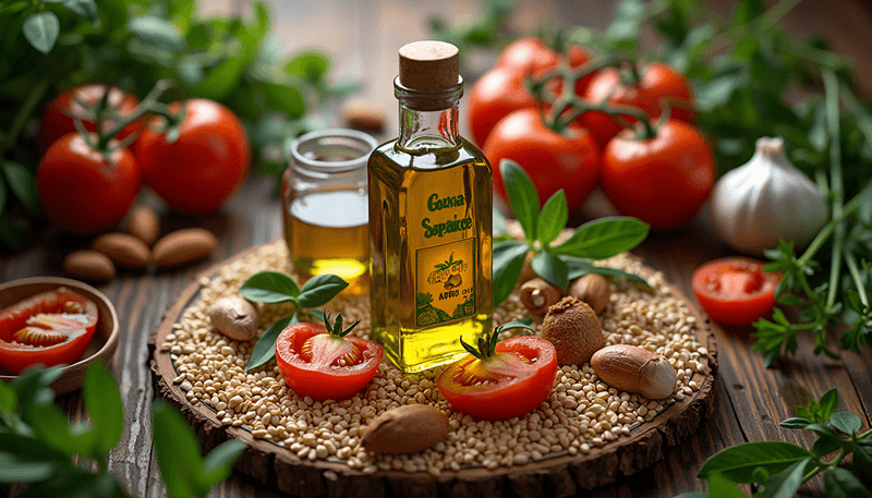 Heart-healthy Mediterranean ingredients with olive oil centerpiece