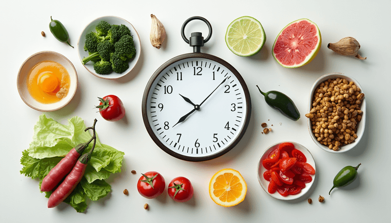 Clock face surrounded by Mediterranean diet foods showing meal timing