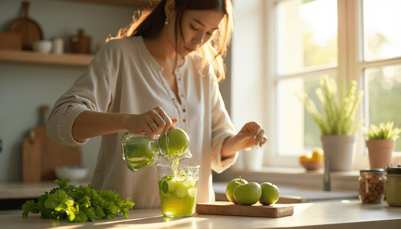 Woman preparing green apple juice and celery tea in her kitchen