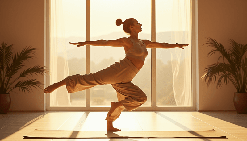 Woman doing gentle yoga stretches in morning light