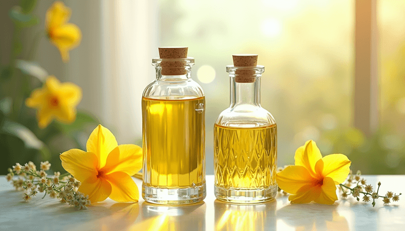 Two bottles of natural oils with calming flowers and leaves