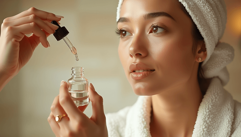 Woman applying antioxidant serum to face