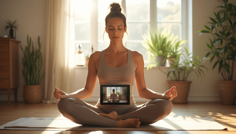 Woman practicing yoga with digital guidance