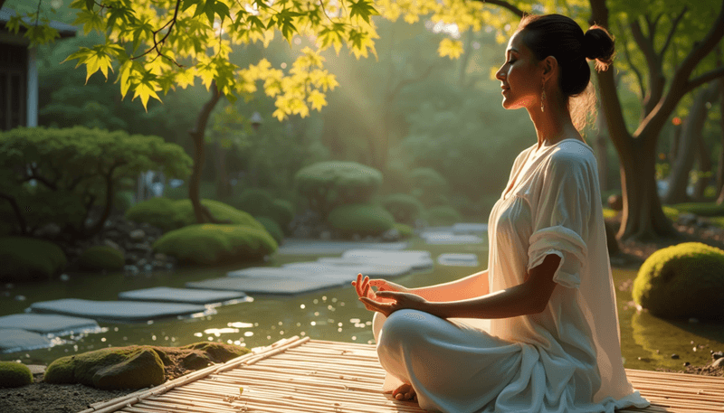 A woman practicing mindful breathing in a peaceful garden setting