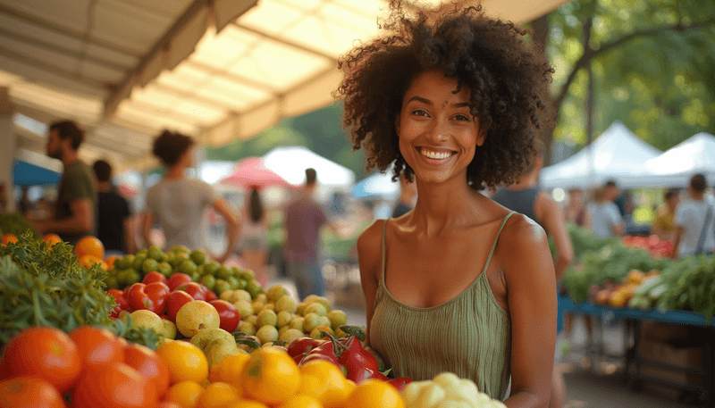 Woman choosing fresh produce at a farmers market