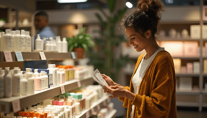 Woman making conscious product choices at store