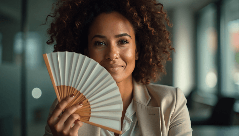 A woman looking frustrated while fanning herself during a hot flash