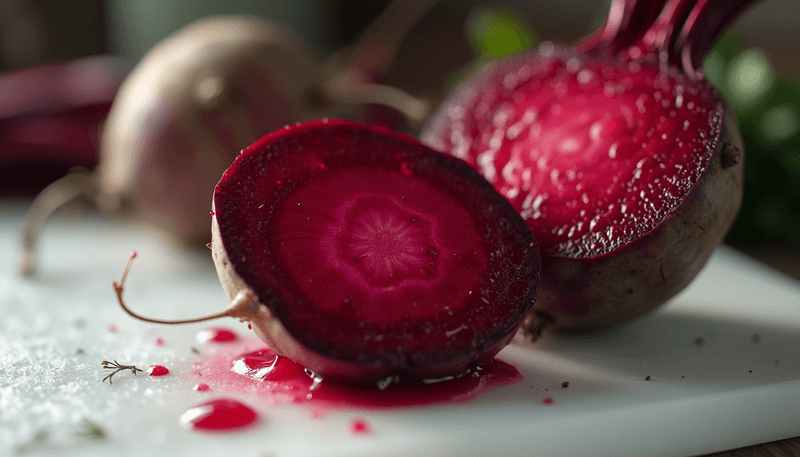 A fresh cut beetroot releasing deep red juice on a white cutting board