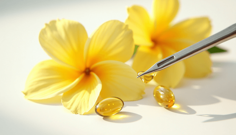 Evening primrose flowers and oil capsules arranged with medical equipment