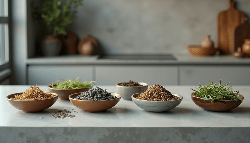 Traditional Asian herbs being prepared in a modern kitchen setting