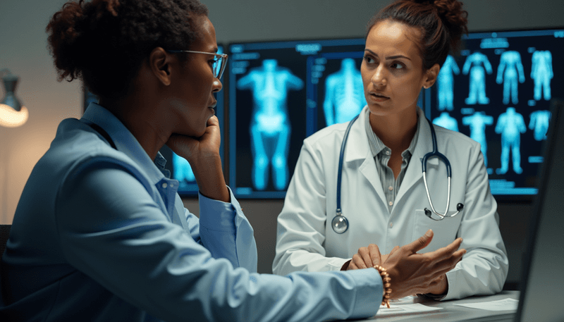 Woman checking bone density results with doctor