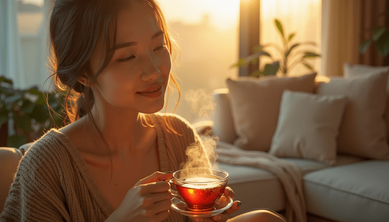 Woman holding herbal tea while looking peaceful