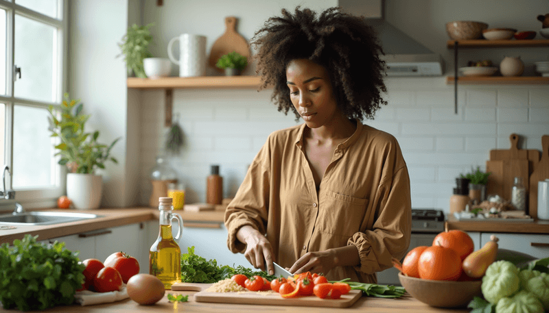 Woman preparing colorful Mediterranean meal with fresh ingredients