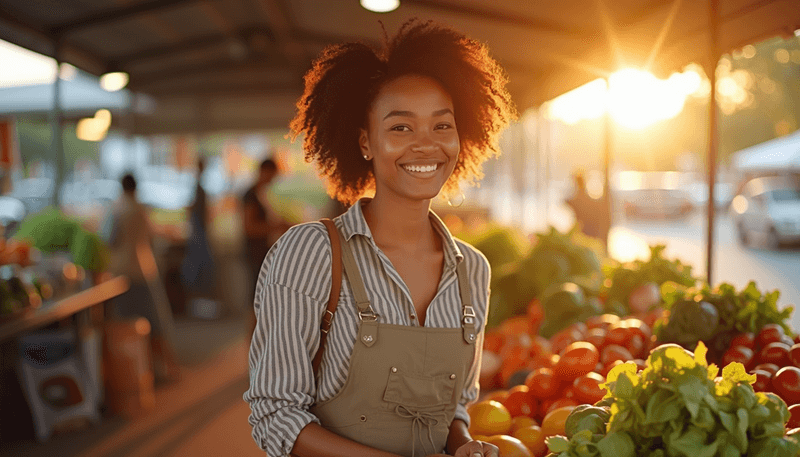 Woman choosing fresh fruits and vegetables at farmers market