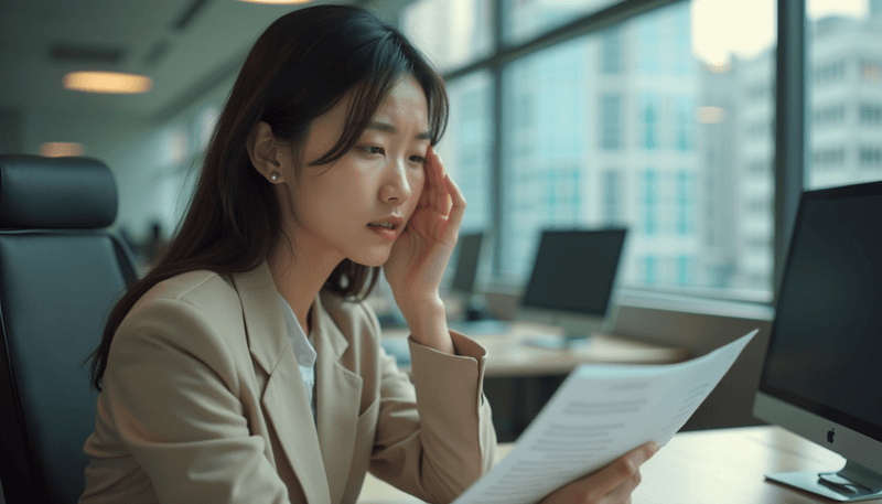 A woman fanning herself while sitting at her desk, showing visible discomfort from a hot flash