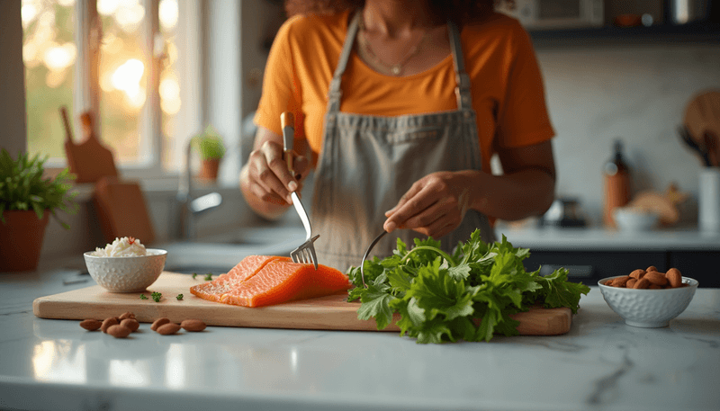 Woman preparing evening meal with calcium rich foods