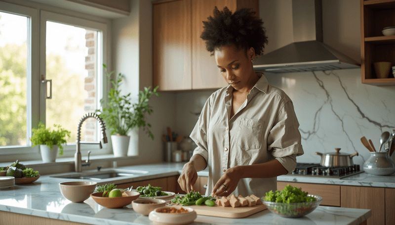 Woman preparing healthy soy-based meal