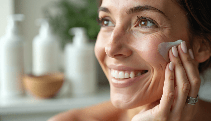 Woman applying moisturizer to glowing skin