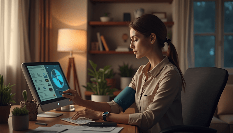 Woman measuring blood pressure at home