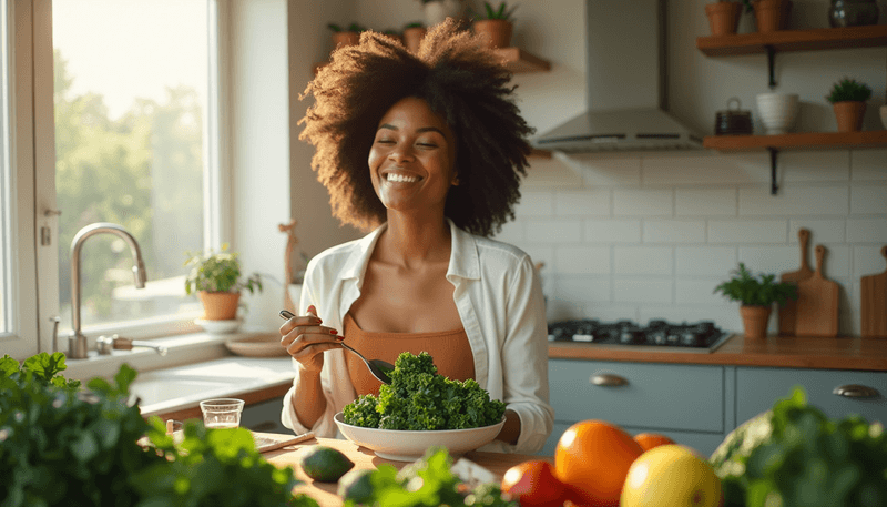 Woman eating dark leafy greens rich in vitamin K